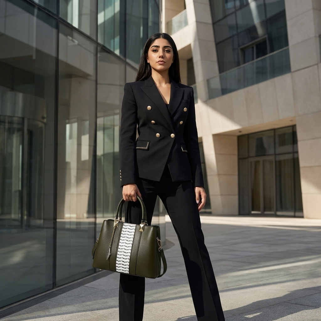 Sumud bag in Olive Grove styled with a black tailored suit