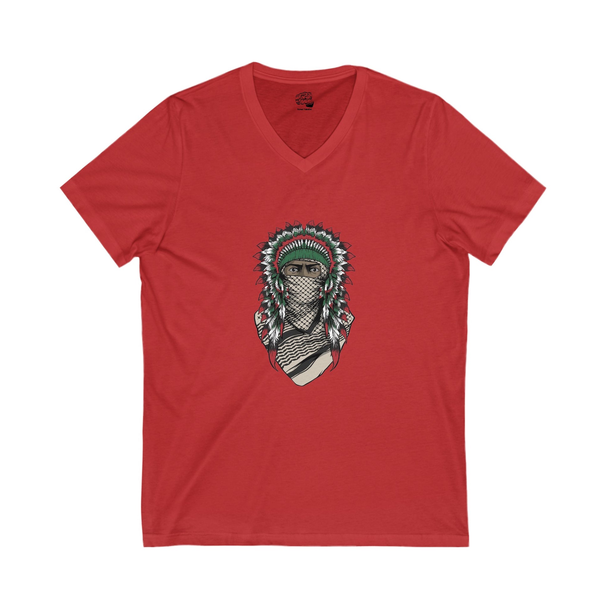 V-Neck Cotton T-Shirt – Native American Wearing Keffiyeh