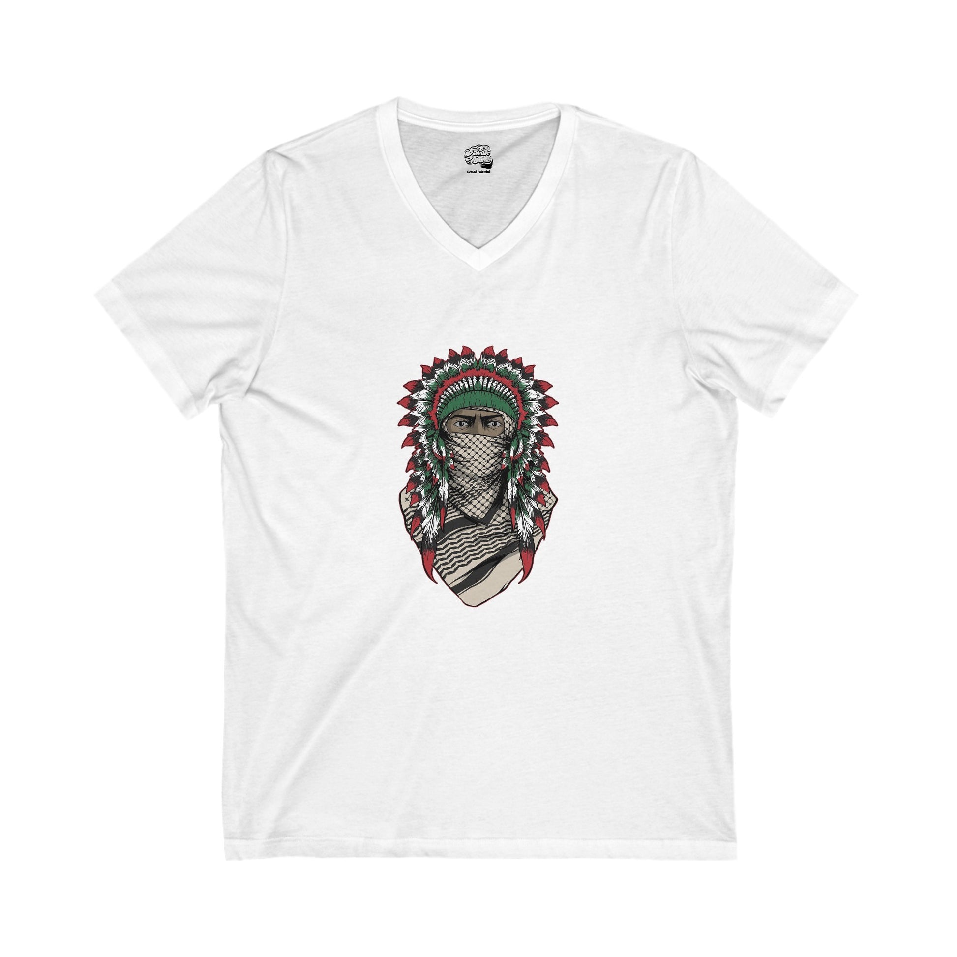 V-Neck Cotton T-Shirt – Native American Wearing Keffiyeh