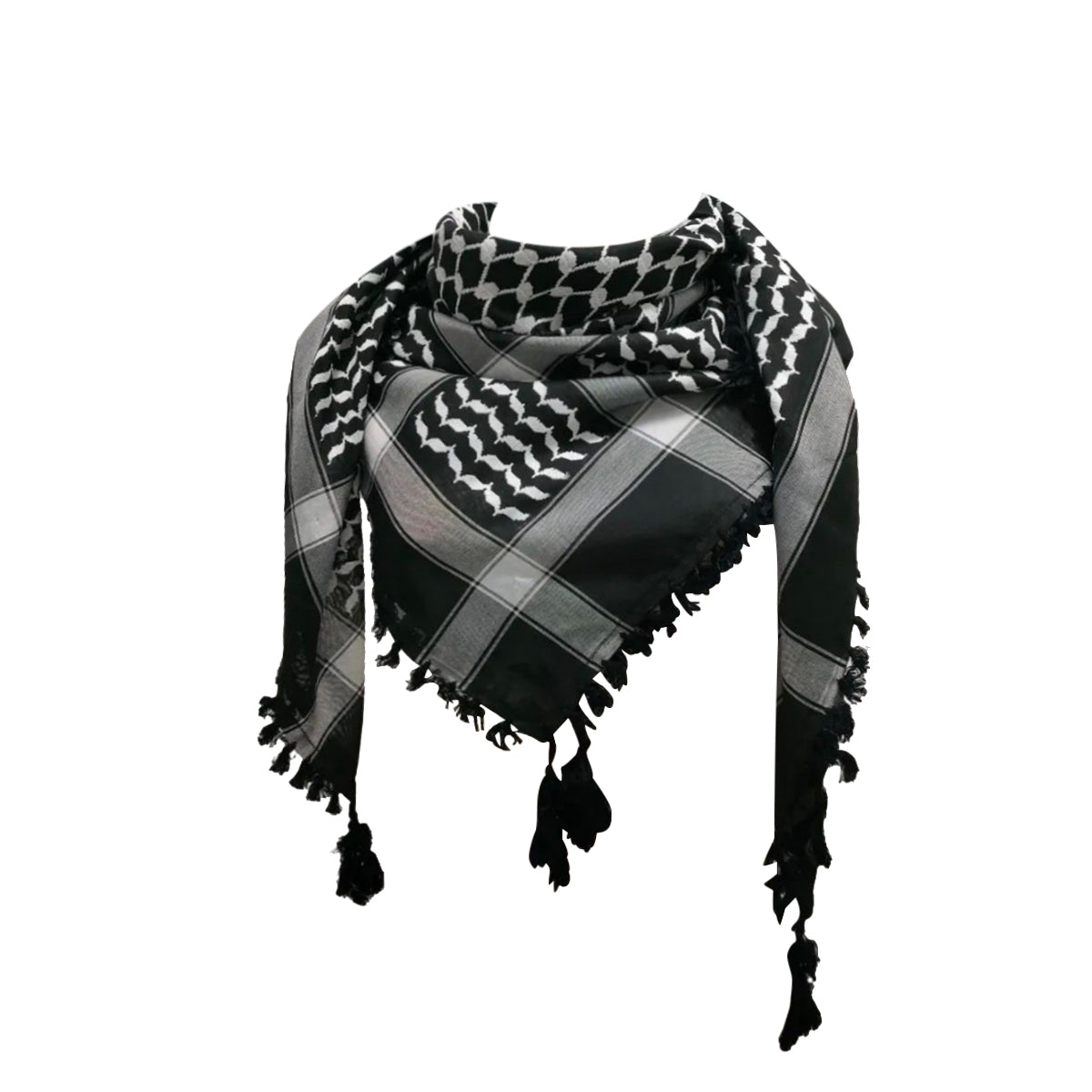 Jabal Al-Nar Keffiyeh – Flames of Defiance Black/White with Black Tassels