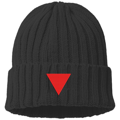 Cable Knit Beanie with Red Triangle Embroidery