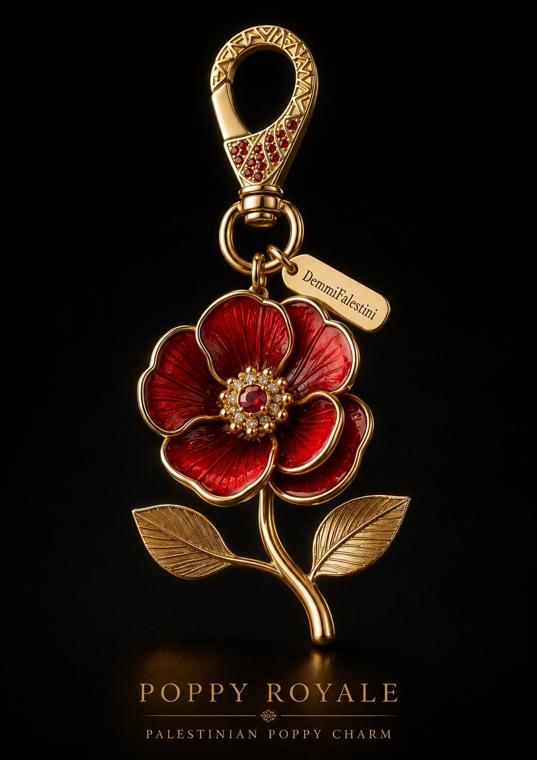 DemmiFalestini Poppy Royale Palestinian poppy bag charm with ruby-red enamel petals, gold-plated stem and leaves, cubic zirconia center and lobster clasp