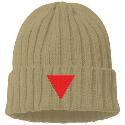 Cable Knit Beanie with Red Triangle Embroidery