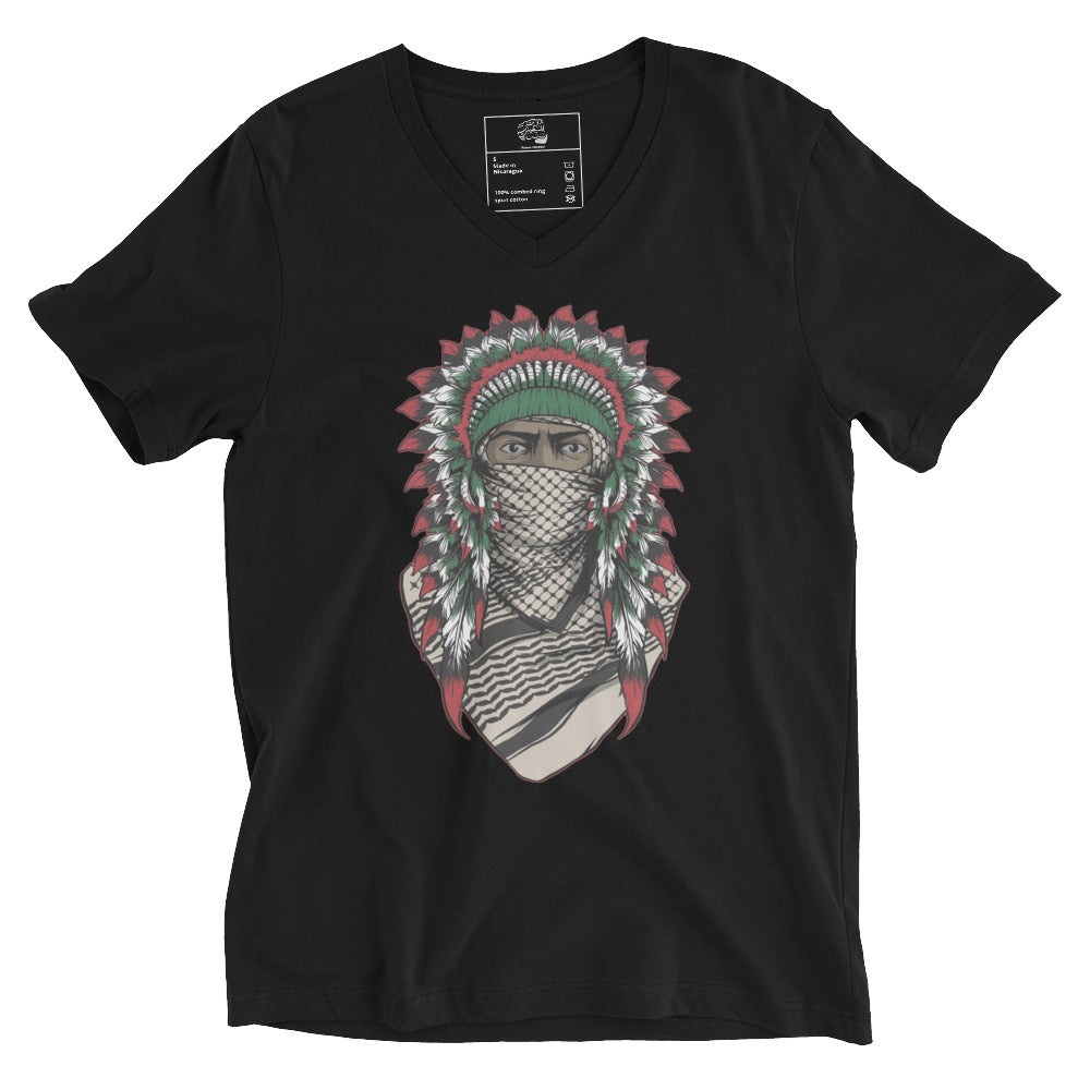 V-Neck Cotton T-Shirt – Native American Wearing Keffiyeh