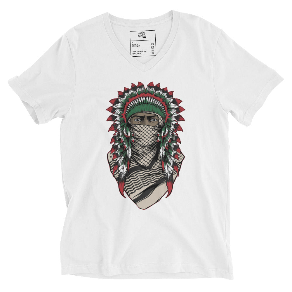 V-Neck Cotton T-Shirt – Native American Wearing Keffiyeh